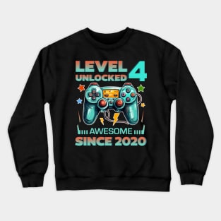 Level 4 Unlocked Awesome Since 2020 4th b-day Gift For Boys Kids Toddlers Crewneck Sweatshirt